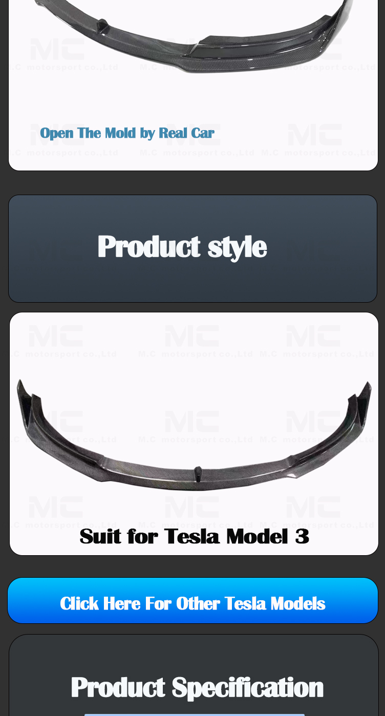 For Tesla Model 3 V Style Carbon Fiber Front Lip