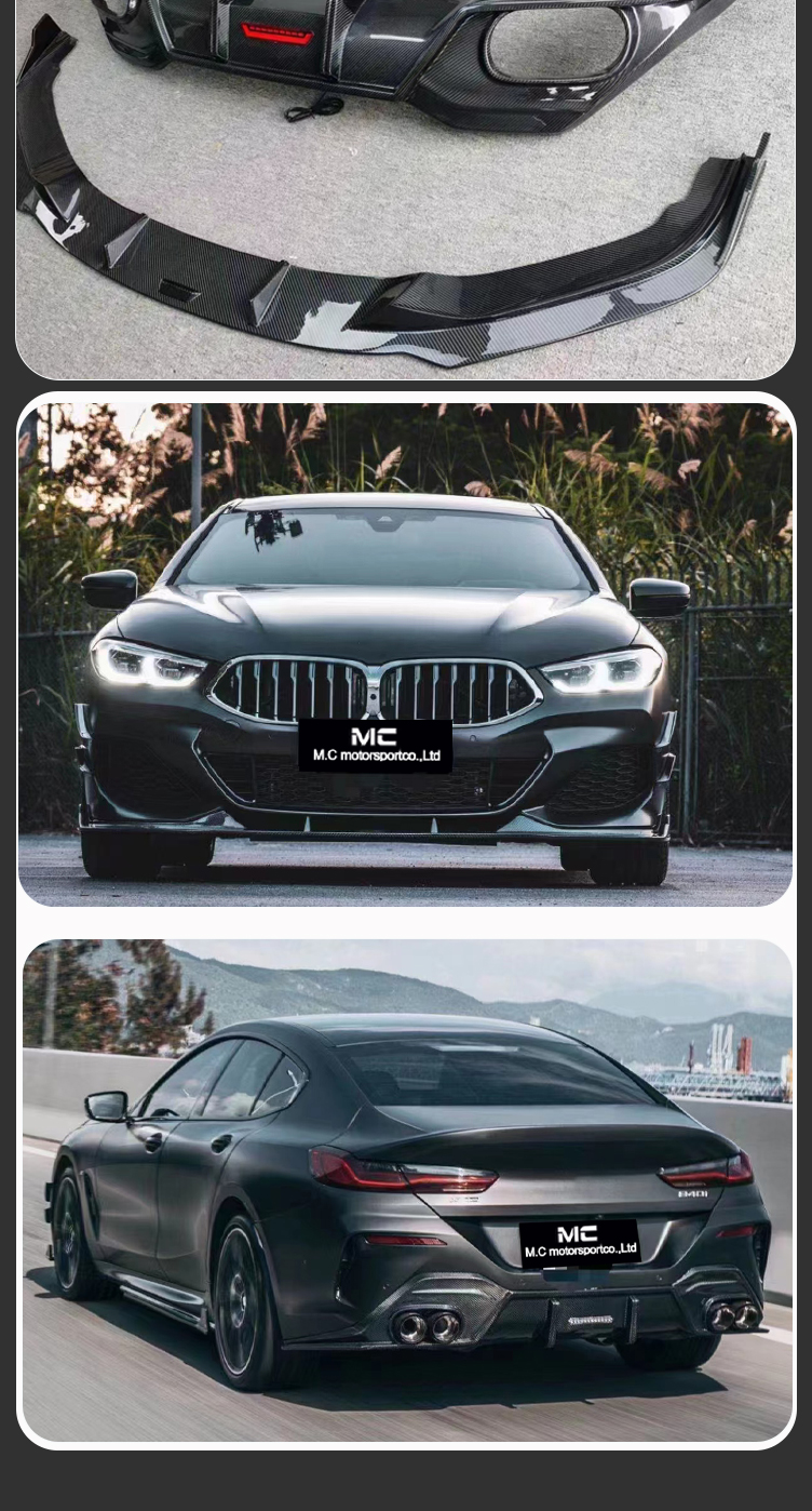 For BMW 8 Series G14 G15 G16 Carbon Fiber Body Kits Front Lip Rear Diffuser With Led Light