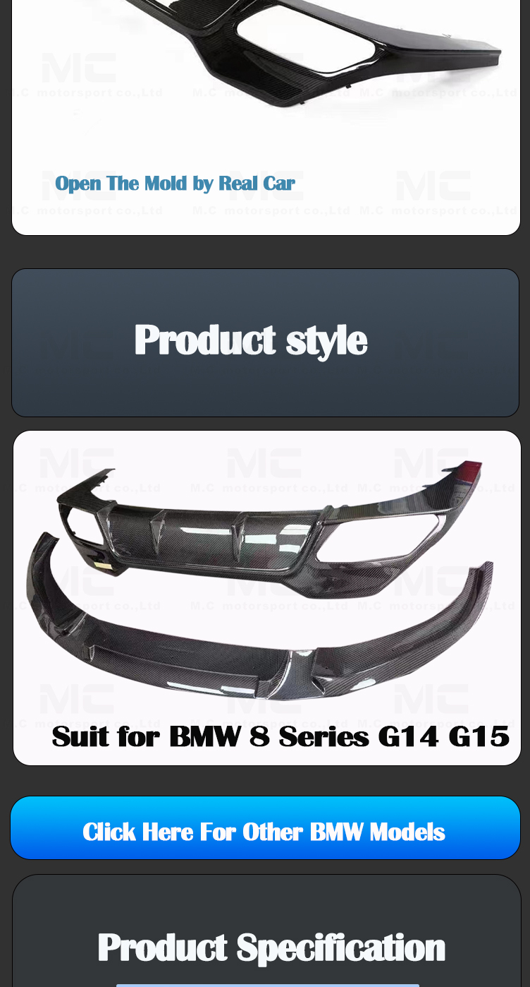 For BMW 8 Series G14 G15 G16 Carbon Fiber Body Kits 3D Style Front LIp Rear Diffuser