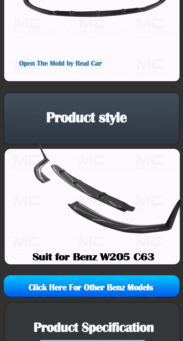 For Mercedes Benz C Class W205 C63 C63 Style Front Lip 3pcs